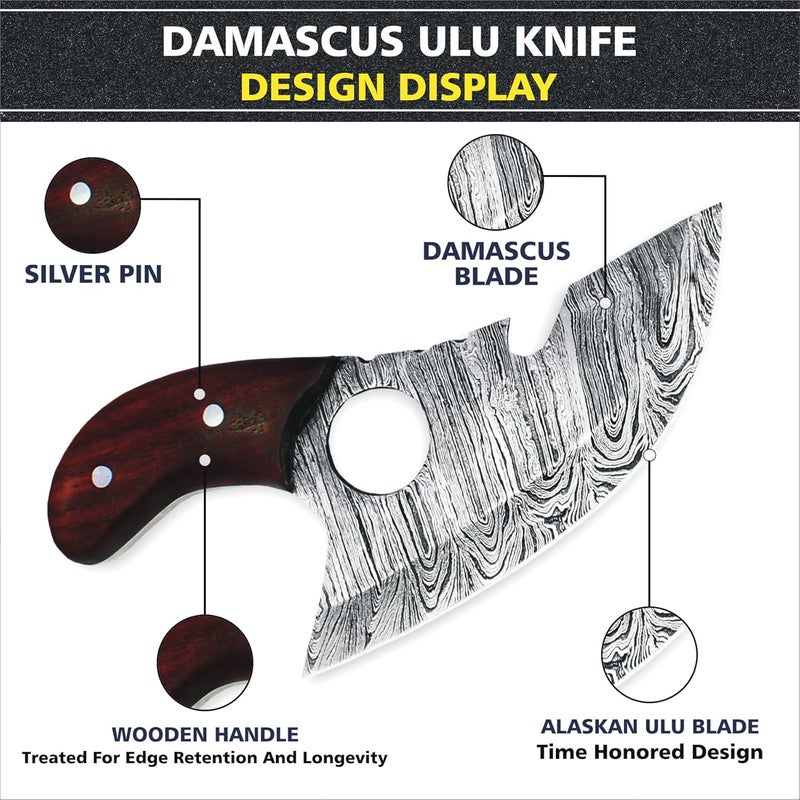 SHARDBLADE Alaskan Ulu With Sheath, Handmade 6.3" Damascus Steel Pizza Cutter Rocker With Wooden Handle, Premium Food Salad Chopper With Bottle Opener, Traditional Inuit Eskimo Knife - Image 3